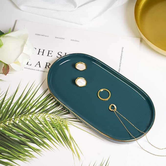 Ceramic Jewelry Dish, Perfume Vanity Tray, 7x4 Decorative Catch All Bowl for Trinket Key Ring, Small Bathroom Counter Tray, Soap Tray for Kitchen Sink (Green)