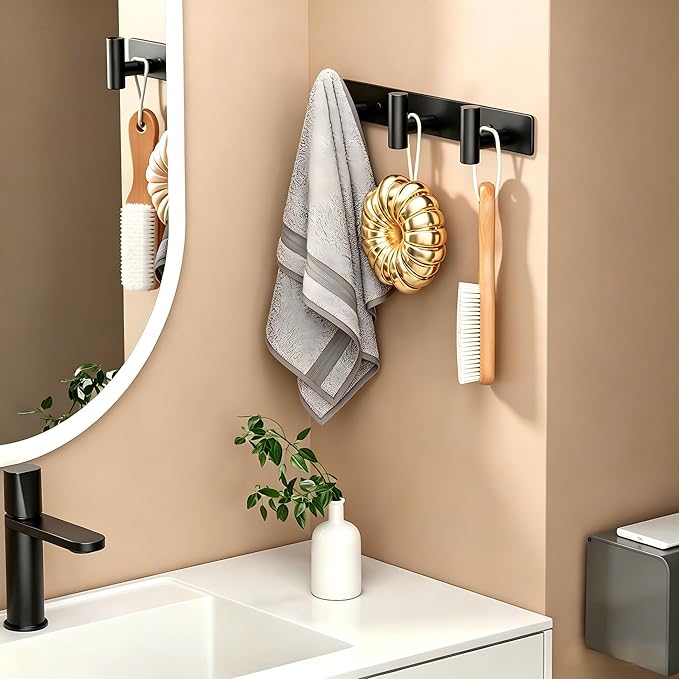 Wall Mounted Coat Rack-3 Hooks, Heavy Duty Stainless Steel Wall Hooks for Towel Coat Bag, Hat Rack Coat Hanger Coat Hooks Towel Racks for Bathroom Entryway Kitchen Hotel Office (Black, 1 Pack)