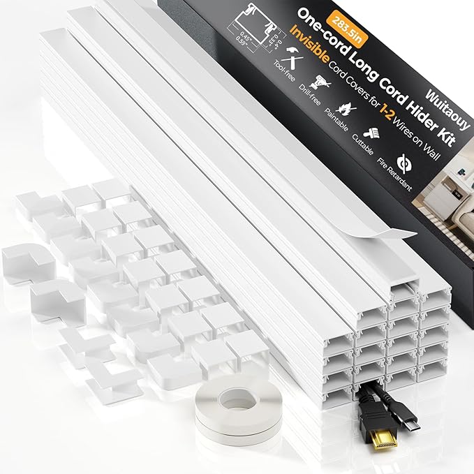 Cord Hider, 283.5in Cord Covers for 1-2 Wires on Wall, Paintable Wire Hider Wire Covers for Cords on Walls, Easy Set-up Cable Hider Cable Raceway to Hide Wires along Wall, W0.59 H0.4in, White