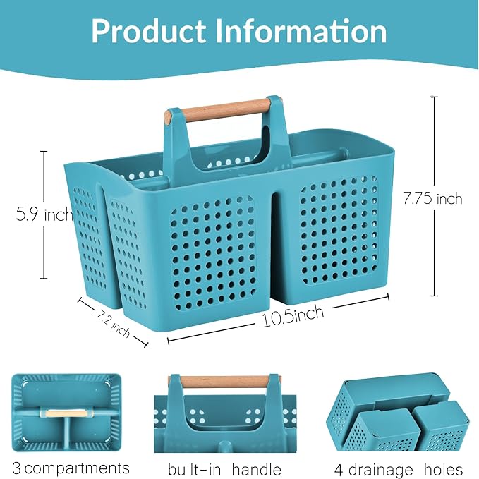 Portable Shower Caddy Basket with Wood Handle, 3-Compartment Bathroom Organizer Tote with Drain Holes, Plastic Shower Basket for Dorm, Toiletries, Cleaning Supplies, Green