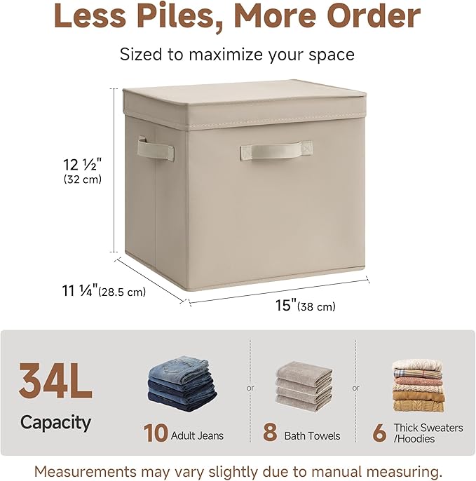StorageWorks Storage Bins with Lid, Decorative Fabric Storage Bins with Handles, Stackable Closet Organizers for Shelves and Bedroom, Large, Light Brown, 2-Pack