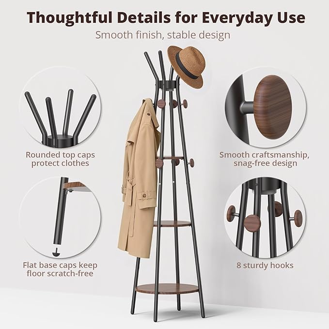 young master Coat Rack, Freestanding Coat Rack with 3 Shelves and 12 Hooks, Coat tree with Motion Sensor Light for Entryway, Livingroom, Hall Tree Free Standing for Coats, Scarves, Handbags, Black