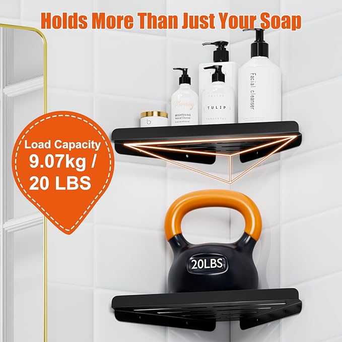 Fikoksol Shower Caddy, 2 Pack Bathroom Corner Shelf, Triangle Shelf Storage for Bathroom Shower, Black Metal Shower Shelf & Rustproof Wall Mounted Adheisve Glue Organizer Accessories and Essentials
