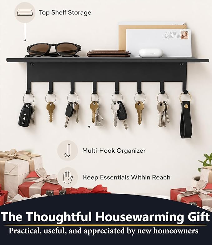 Key Holder Hooks Organizer Hanger Rack Wall Mounted Sweet Home Metal Decor Stylish and Practical for Entryway Front Door Kitchen Hallway Garage Mudroom Office Hardward Included Black (Key hook shelf)