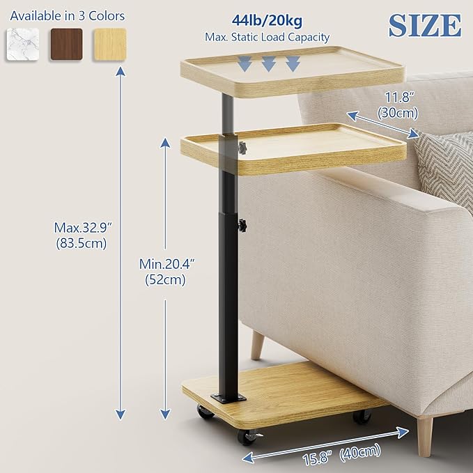 Tv Tray,Adjustable Height C Shaped End Side Table for Eating on Couch That Slide Under,360°Swivel Sofa Snack Dinner Table with Wheels for Living Room and Bedroom, Bed,Chair(Oak+Black)