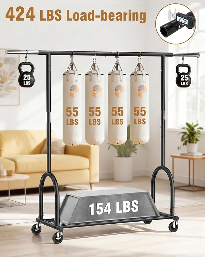 EAGMAK Heavy Duty Clothes Rack for Hanging Clothes Load 424 LBS, Height Adjustable Rolling Clothing Racks, Portable Metal Coat Rack Garment Wardrobe with Wheels and Shelves for Bedroom Laundry, Black