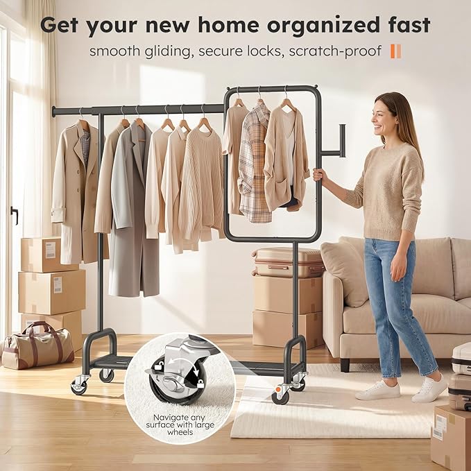 SOLEDI Heavy Duty Partitioned Clothes Rack, 600 LBS Load Metal Garment Rack with Shelves & Lockable Wheels, Rolling Hanging Rack for Bedroom, Laundry Room, Store & Garage (Black)