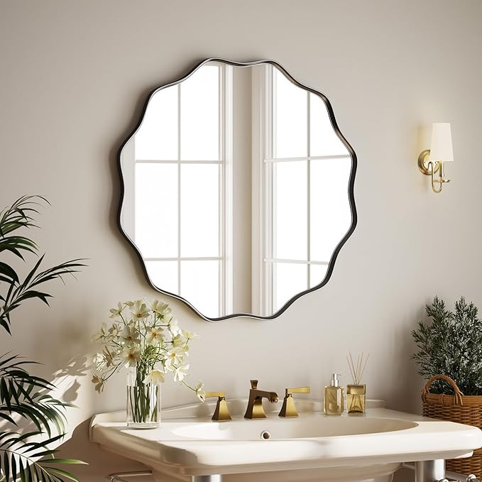 Round Wavy Mirror - 30 Inch Metal Frame Round Mirrors Wavy Edge Circle Mirror for Bathroom Bedroom Living Room Entryway Black