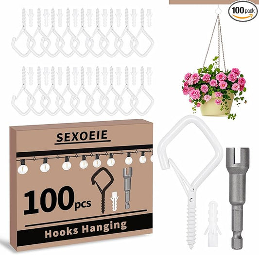 100 PCS White Eye Screw Hooks for Hanging Heavy Duty with Safety Buckle.Metal Ceiling Hooks for Hanging Plants Cup Wind Chime Bird Feeders Patio Lights At Indoor&Outdoor