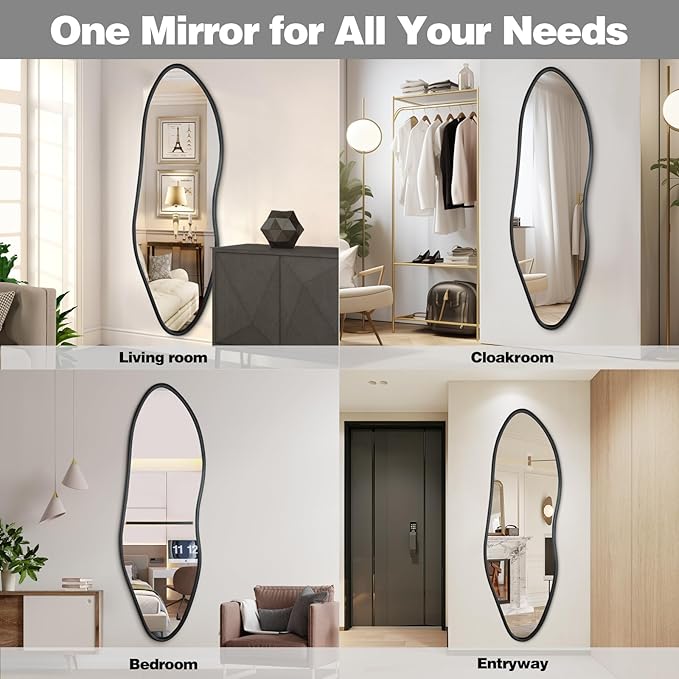 Irregular Full Length Mirror, 65"x22" Wooden Farmhouse Full Body Mirror, Large Asymmetrical Wall Mirrors for Living Room Entryway, Horizontal/Vertical, Black