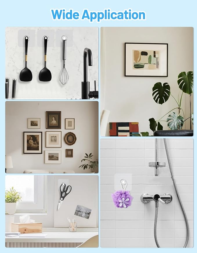 30 Pcs Adhesive Picture Hooks, 20 Ibs Load Heavy Duty Self Adhesive Wall Hooks for Hanging, Waterproof Picture Hangers Without Nails for Bathroom Kitchen, Transparent Sticky Hooks for Frames