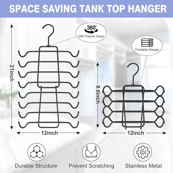 4Pcs Tank Top Hangers Space Saving Hanger Organizer Bra Hangers for Closet Organizer 360° Rotating Metal Closet Organizers and Storage Lingerie for Cami Bras Belts Swimsuits Lingeries Black