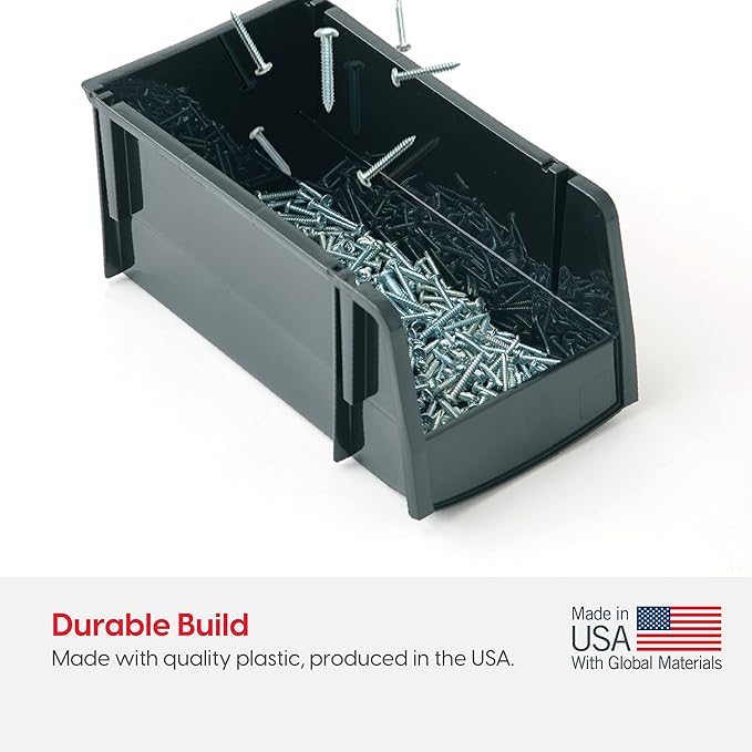 IRIS USA Medium Stackable Storage Bins, 4-Pack, 11" L x 6" W x 5" H, |Made in USA|, Plastic Open Front Shelf Bin for Organizing Parts, Hardware, Tools, Supplies, Garage Shelf, Pantry - Black