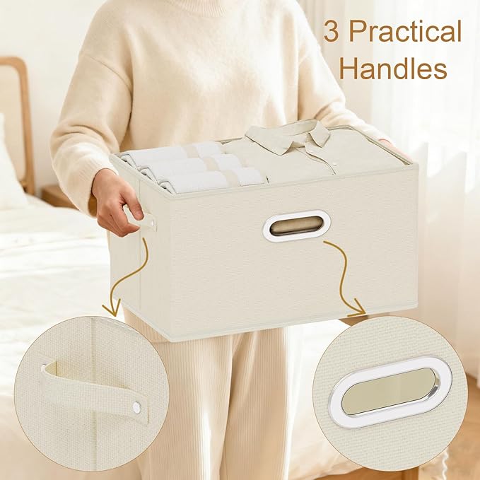 Foldable Cloth Basket with 4 Handles, Decorative Open Storage Boxes, Stackable Cube Organization, Fabric Bins for Shelves, Closet, Living Room, 10.2x7.9x6.7in, Beige, 2 Pack