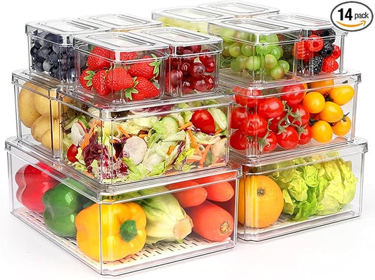 14 Pack Fridge Organizer, Stackable Refrigerator Organizer Bins with Lids PBA-Free, Clear Fridge Organizers and Storage for Kitchen, Countertops, Cabinets, Fridge, Drinks, Fruits, Vegetable, Cereals