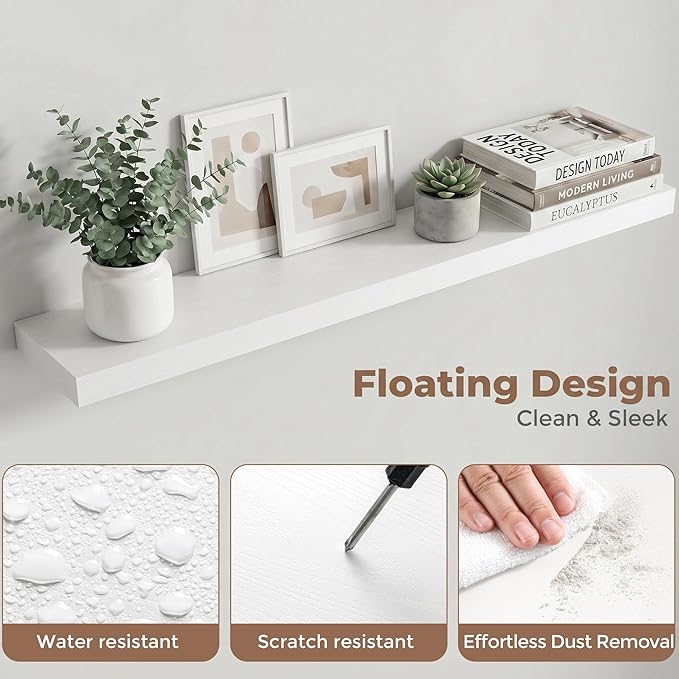 Venusmiles Floating Shelves for Wall, 40 Inch Floating Shelves Set of 2, 6.5" D Wooden Wall Mounted Display Shelves with Invisible Brackets for Living Room, Bedroom, Bathroom, Kitchen Decor, White
