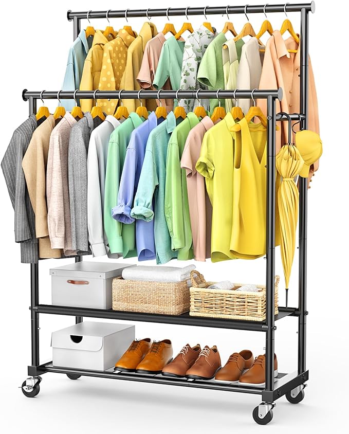 Rolling Clothes Rack with Doule Rod for Hanging, Heavy Duty Metal Garment Rack Load 350 LBS with Lockable Wheel, Free Standng Clothing Rack with 2 Shelves and Side Hooks for Home Commercial, Black