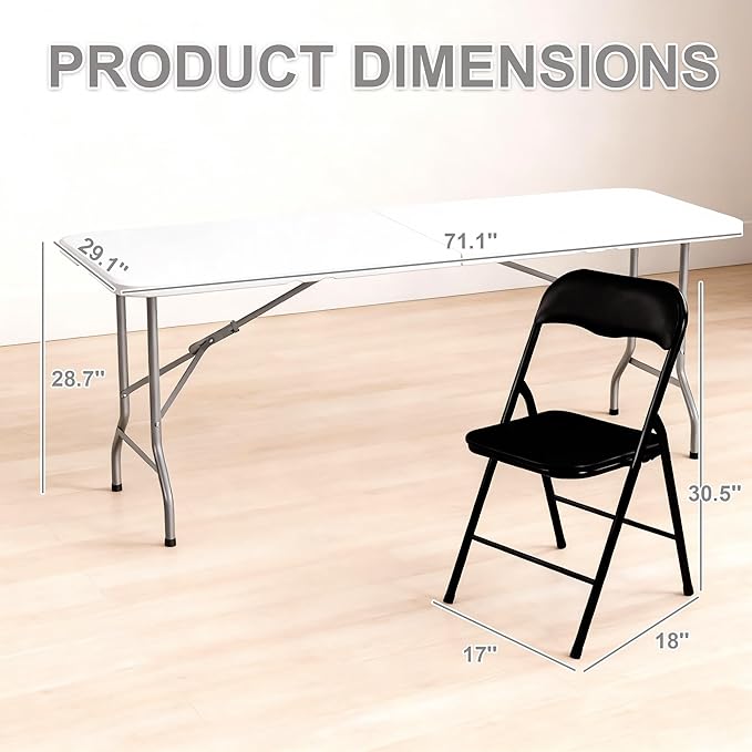 Elevon Folding Table Set with 6 Black Folding Chairs,6 Feet Heavy Duty Fold-in-Half Utility Table Sets for Picnic, Event, Training, Outdoor Activities, at Home and Commercial Use