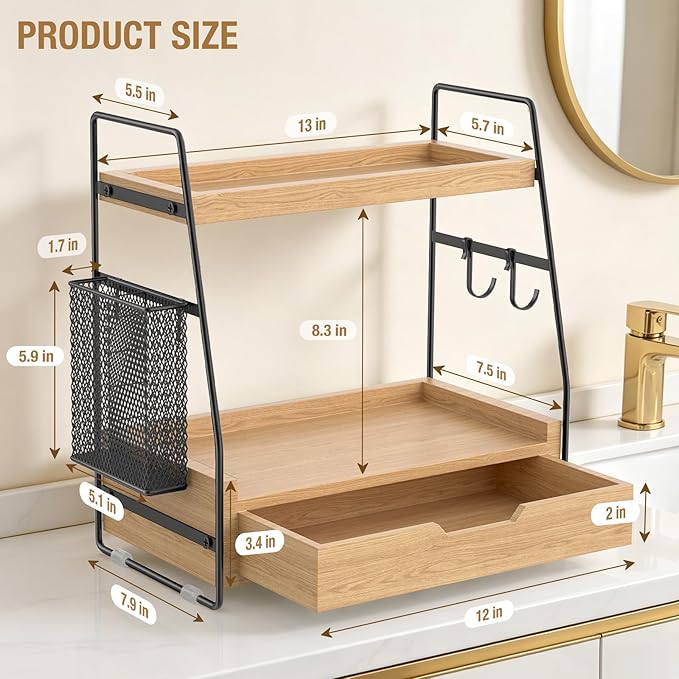 2-Tier Bathroom Counter Organizer with Drawer and Removable Basket, Wood Vanity Countertop Storage for Perfume, Makeup, Skincare, Bathroom Counter Shelf, Moisture-Resistant, Light Brown