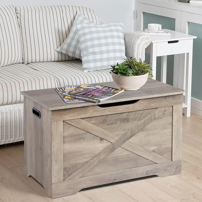 Timberer Storage Chest, Wooden Storage Bench, Entryway Shoes Bench with 2 Safety Hinges, Retro Storage Trunk for Living Room,Bedroom, 15.7 x 31.5 x 18.9 Inches, Grey