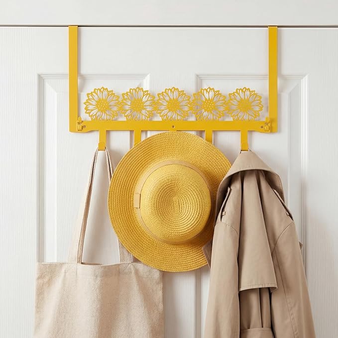 AceOrbit Sunflower Over the Door Hooks Coat Rack Wall Mounted Decorative Yellow Metal Hanger Sunflower Wall Art Decor Key Holder with 5 Hooks for Coat, Towel, Hat, Bag, Bathroom Home Kitchen Office