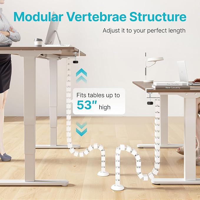 PEGZONE Under Desk Cable Management Spine – Flexible Cable Snake Organizer for Standing Desk, No Drill Clamp-on Vertebrae Wire Management for 0.4"-2" Table, White