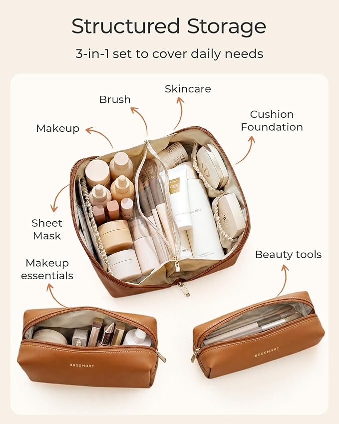 BAGSMART Makeup Bag Travel 3 Pcs Set Cosmetic Bag, Large Make Up Bag Flat Open Toiletry Bag for Women, PU Leather Travel Essentials Organizer Case, Wide-open Pouch for Skincare, Brushes,Sky Blue