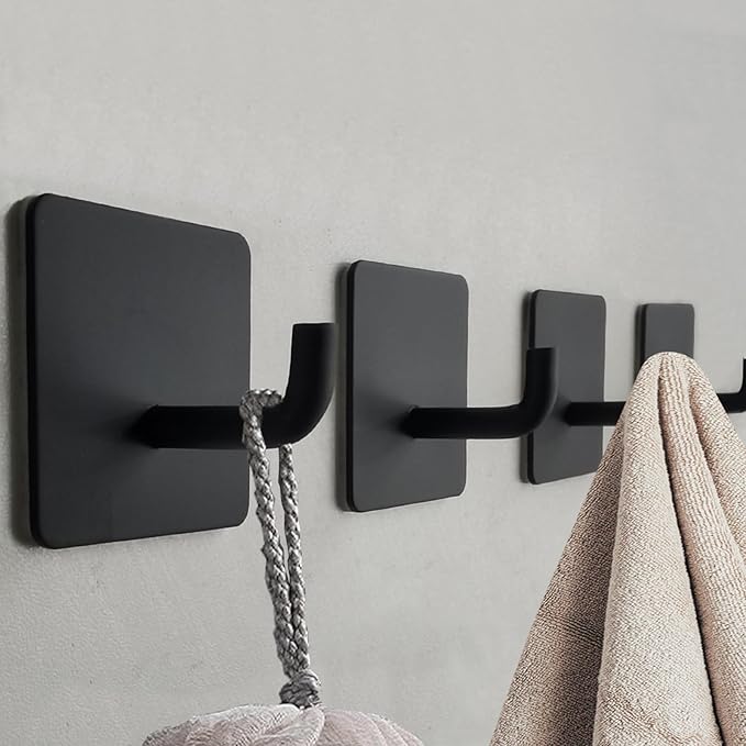 Adhesive Hooks Heavy Duty 8 Pack Stainless Steel Wall Hooks No Drill, Waterproof Bathroom Towel Hooks, Removable Sticky Hooks for Kitchen Shower Door Bedroom – 15 lbs Max, Matte Black
