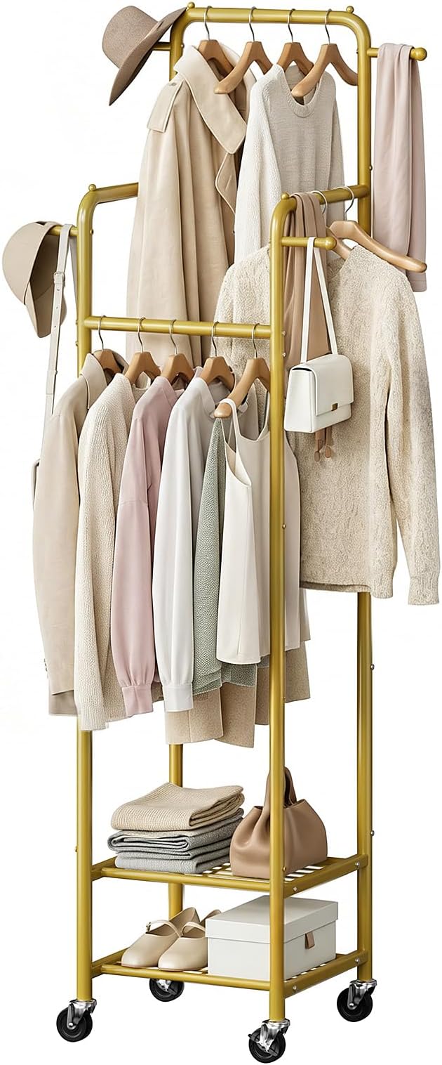 Clothing Rack with Wheels, 71" Portable Rolling Clothes Rack with 2 Shelves and 4 Hanging Rods, Small Garment Rack with 4 Hooks, Sturdy Metal Coat Rack for Bedroom, Laundry Room, Gold