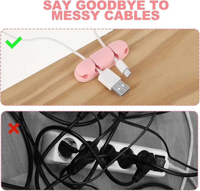 Mabor 3PCS Cable Clips Cord Wire Organizer Electrical Cable Management Holders 4 Hole Silicone Cable Harness USB Charging Accessory Cute Cable Holder for Office and Home Desk (Pink)