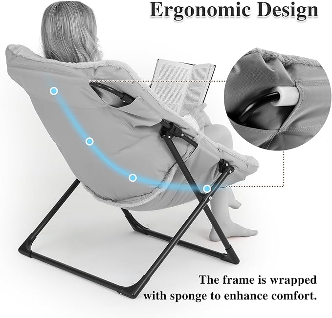 Comfy Saucer Chair for Adults, Soft Faux Fur Bedroom Chair, Accent Dorm Chairs, Flexible Living Room Reading Chairs, Oversized Folding Seat for Teens, X-Large, Stripe Grey