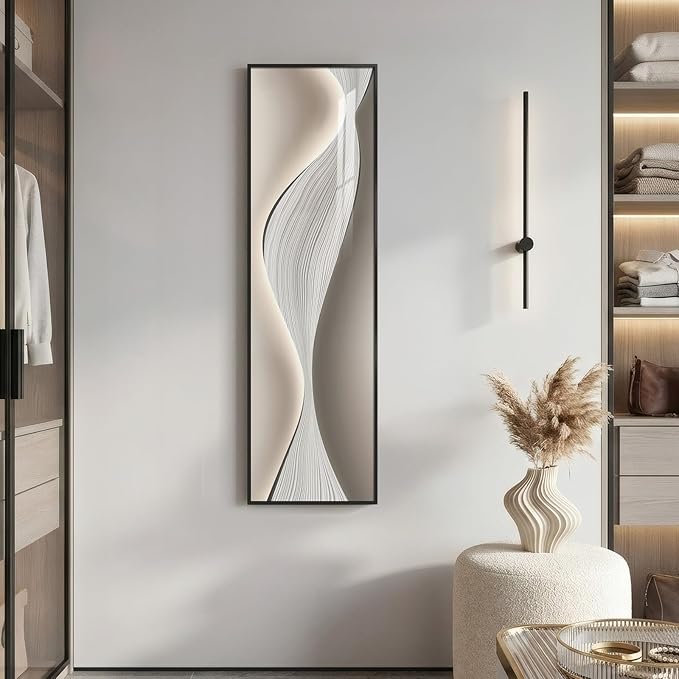 Framed Sliding Full Length Wall Mounted Mirror, Large Vertical Modern Abstract Full Body Mirrors for Wall Decor Living Room, Minimalist Elegant Silver White Mirror Wall Art for Bedroom, Hallway