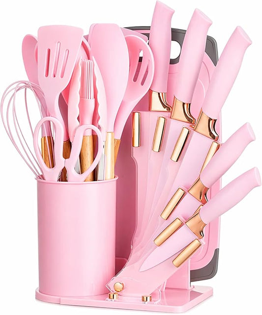 19-Piece Pink Kitchen Utensils Set with Knife Set & Cutting Board - Silicone Cooking Utensils with Wooden Handles, Rose Gold Accents, Scissors, Whisk & Tongs - BPA-Free Pink Kitchen Gift Set