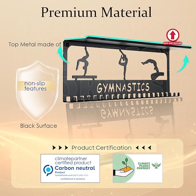iBobbish Metal Medal Hanger Display,Non-Slip Trophy Shelf with 20 Hooks,Wall Mount,Heavy Duty,Non-Bent,Holds 22-33lbs,for Gymnastics,Race,Soccer,Swim