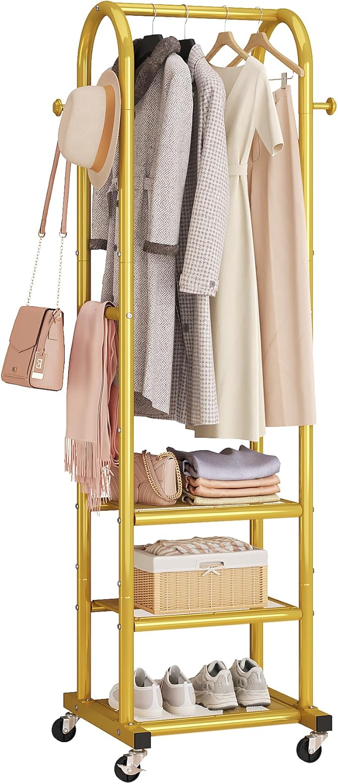 Dttwacoyh Hall Tree with Hanging Hooks,Gold Metal Decorative Freestanding Garment Rack on Wheels,3-in-1 Narrow Entryway Storage for Small Space,Suitable for Hallway,Bedroom and Bathroom,Gold