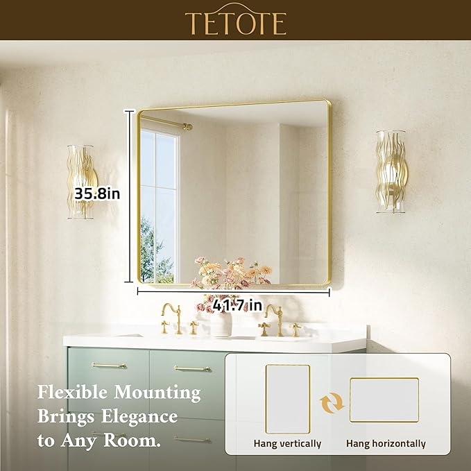 TETOTE 42 x 36 Gold Vanity Mirror Brushed Gold Metal Framed Vanity Mirror, Tempered Glass, Modern Farmhouse Wall Mounted Mirrors for Decorative(Horizontal/Vertical)