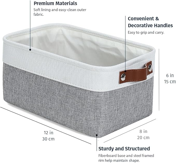 OrganiHaus 12x8in Canvas Storage Baskets 3 Pack | SMALL Fabric Bins for Shelves | Pantry & Bathroom Organizer | Gray/Off-White