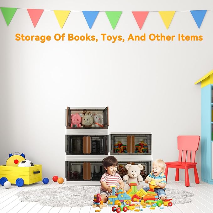 Storage Box, Plastic Cabinet, 8.4 Gallon (32L) Capacity (Each One), 4 Packs, Stackable Collapsible Drawer, with Door and Buckle, Organizer for Home and Office, Transparent