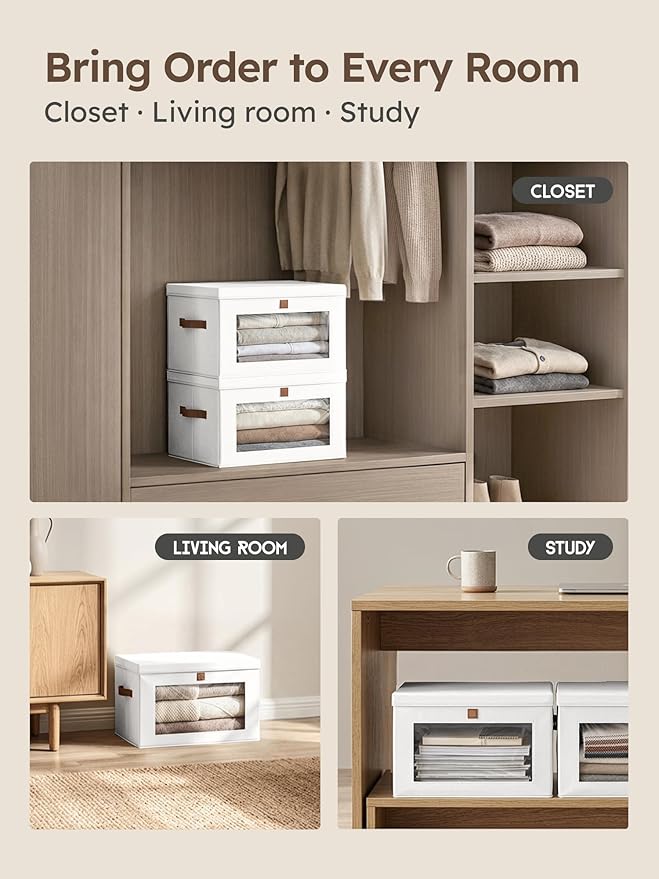 Homsorout Medium Fabric Storage bins - Closet Shelf Organizer with Open Window, 3 Pack Closet Baskets for Shelves, Stackable Decorative Boxes for Home, Dorm, White, 13.7" x 9.8” x 9.8"