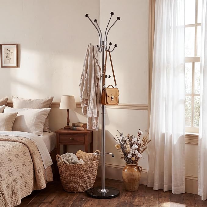 Metal Coat Rack Freestanding with Natural Marble Base, coat rack stand with 11 Hooks & Umbrella Holder, heavy duty coat rack for Coats Hats for Entryway Bedroom Office（silvery）
