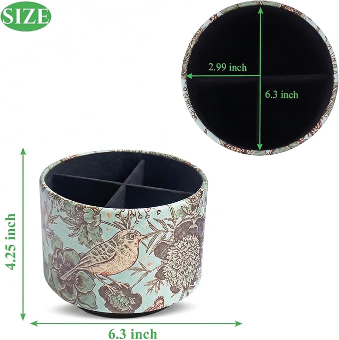 Round Leather Art Supply Organizer,Remote Control Holder,360 Degree Spinning,Multi-Functional Pencil Holder,4 Compartments Desktop Stationary Organizer(1-Green Bird)