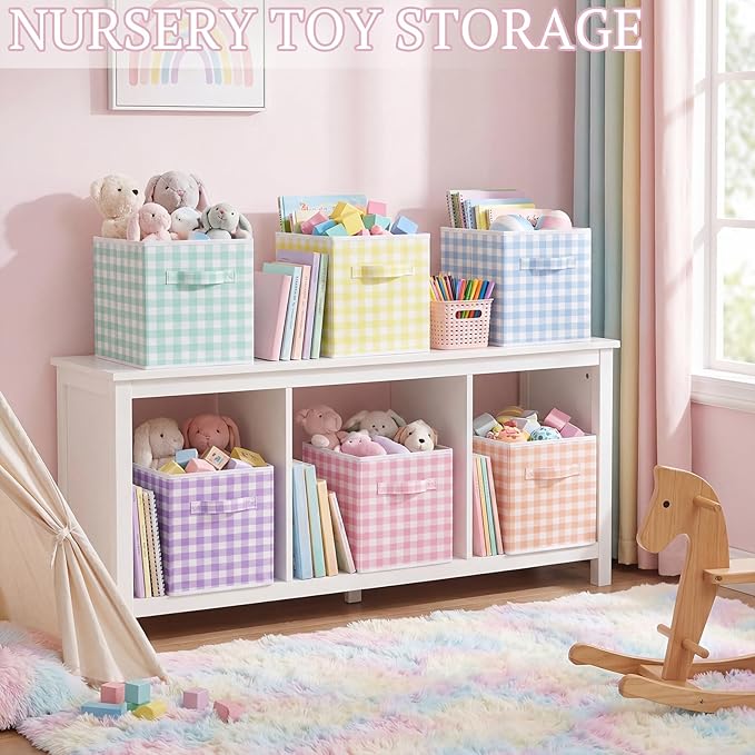 Yalikop 6 Pcs Colorful Checkered Cube Storage Bins, 11 Inch Fabric Gingham Classroom Storage Bins Organizer with Handle Preppy Collapsible Cubby Basket for Classroom Home Nursery Playroom Bedroom