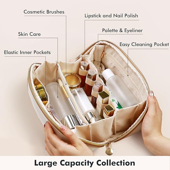 Prite Makeup Bag for Women Travel Waterproof Vegan Leather Cosmetic Bag Open Flat Toiletry Bag With Clear Divider and Handle (Beige, Large Pro)