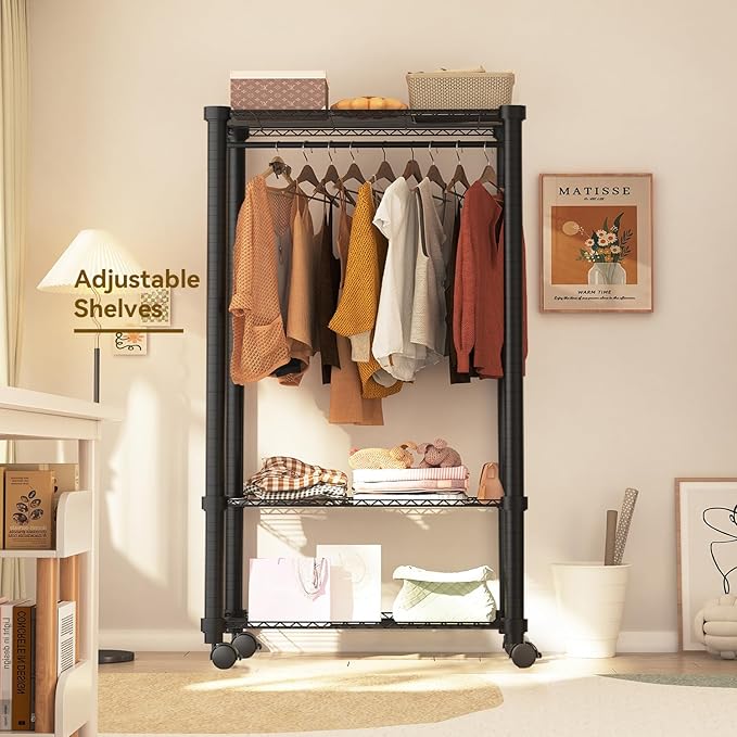 Moogiitools Heavy Duty Rolling Garment Rack 3 Tiers Adjustable with 25mm thick iron pipe,Freestanding Wardrobe Closet Storage Metal for Clothing Hanging （Set of 4 Brake Caster Wheels Included)