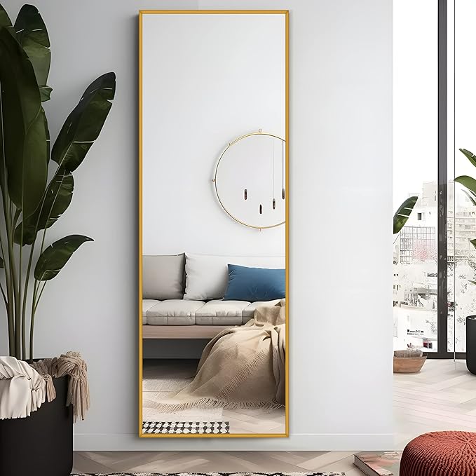 NeuType Full Length Mirror Floor Mirror with Standing Holder Bedroom/Locker Room Standing/Hanging Mirror Dressing Mirror Wall-Mounted Mirror (Golden), 65"x22", AMZVCNTJJ00362ZZE-ZYF