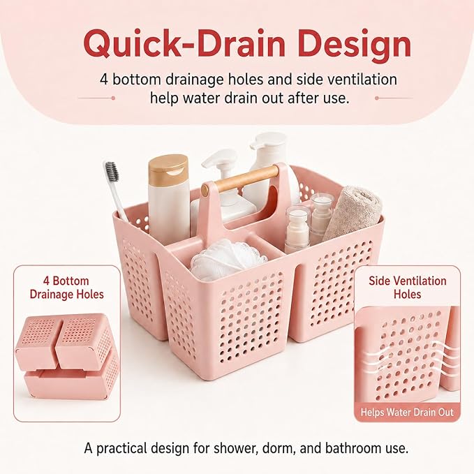 Portable Shower Caddy Basket with Wood Handle, 3-Compartment Bathroom Organizer Tote with Drain Holes, Plastic Shower Basket for Dorm, Toiletries, Cleaning Supplies, Pink