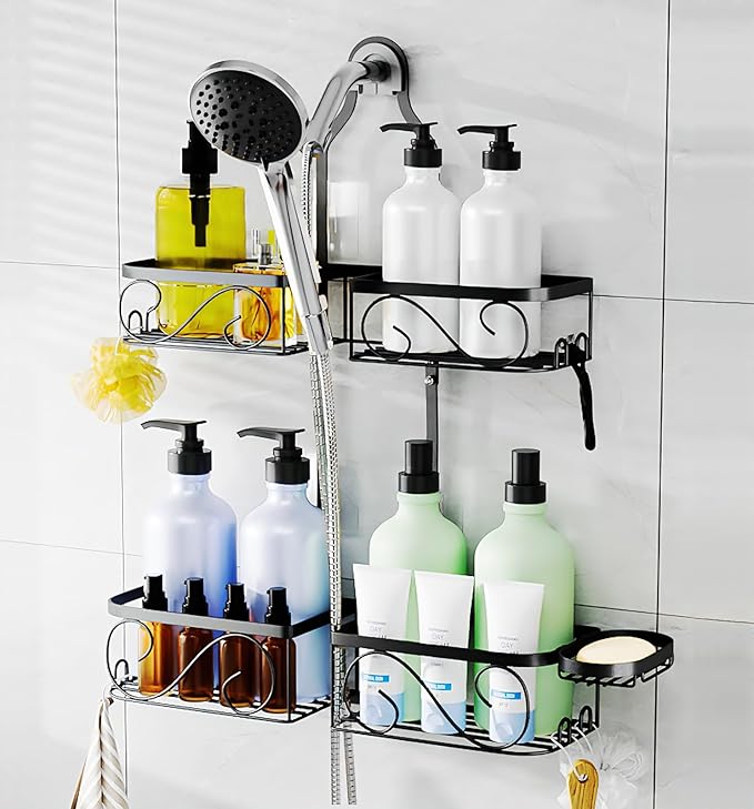 Stainless Steel Shower Caddy Hanging for Handheld Showerheads,Never-Rust Shower Organizer,Large-Capacity Bathroom Organizer Rack with Soap Dish and Hooks for Razor/Sponge,Black
