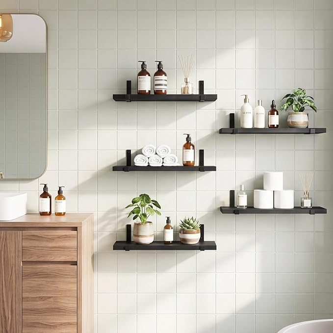 Fixwal Floating Shelves for Wall, Black Shelves Wall Mounted, Rustic Wood Wall Storage Shelves for Bedroom, Living Room, Kitchen, Bathroom, Home Decor (Set of 5 Black)