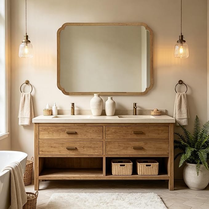 WallBeyond 36" x 48" Wood Bathroom Mirror for Wall Mounted, Rustic Rounded Corner Wood Frame Wall Mirror for Entryway, Living Room or Bedroom Home Decorative, Natural