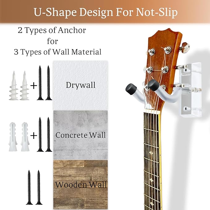 Onmiwod Guitar Wall Mount 2 Pack, Acrylic Guitar Hanger, U-Shaped Guitar Wall Hanger Mount, Guitar Holder Hook Stand Wall for Acoustic, Electric Guitar, Banjo, Bass, for Guitar Player Men Boy